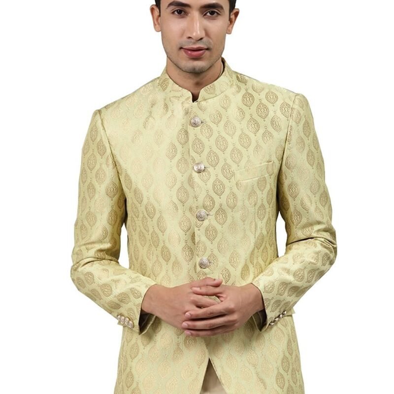 Men Off-White Self-Design Slim Fit Bandhgala Blazer
