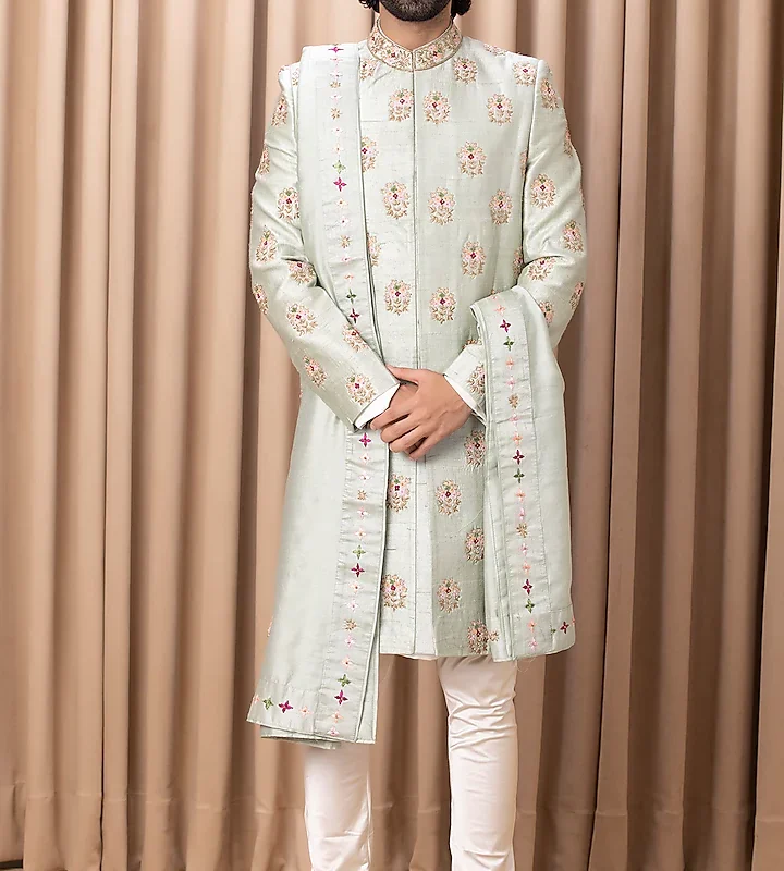 Mint Green Embroidered Sherwani Set