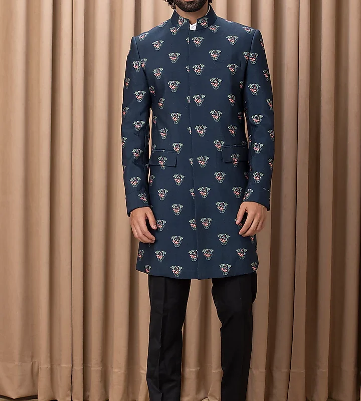 Navy Indowestern Jacket Set With Print