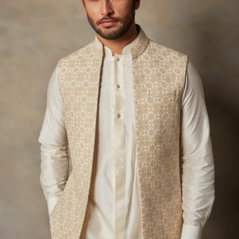 Beige & Cream Embroidered Bundi Jacket With Kurta Set
