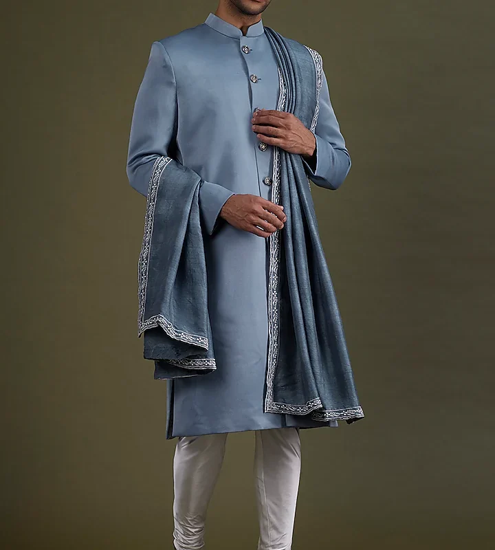 Steel Blue Scuba Satin Sherwani Set