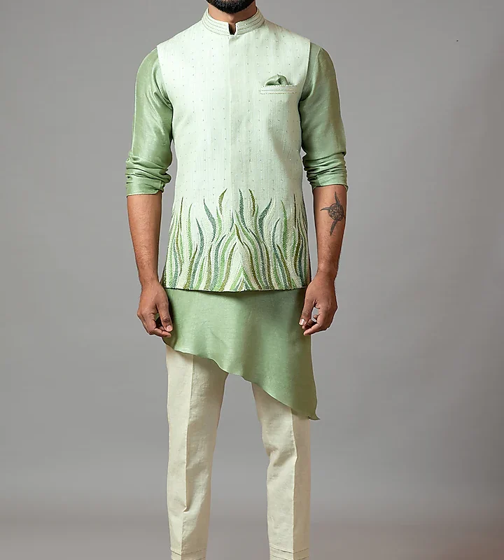 Mint Green Embroidered Nehru Jacket With Kurta Set