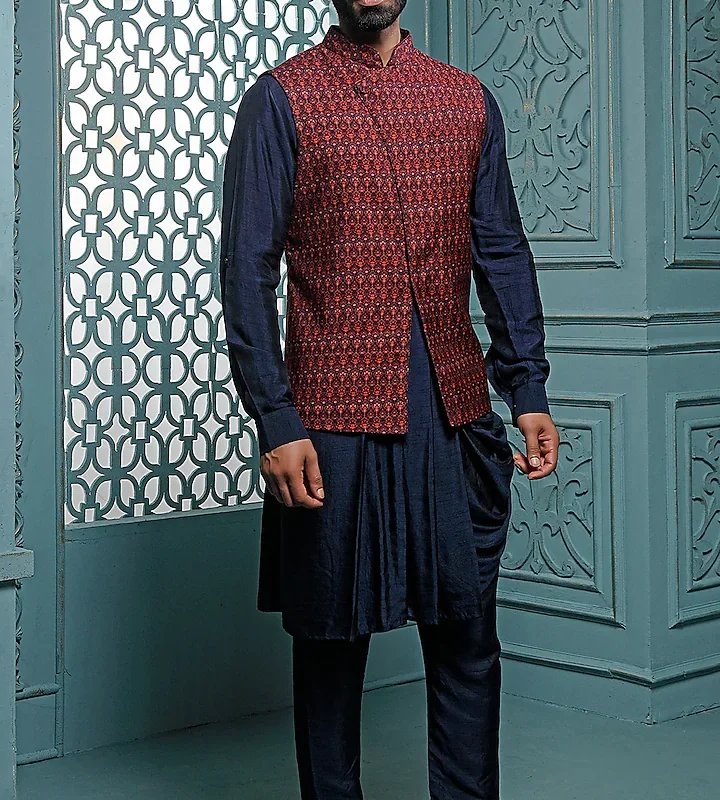 Mauve Printed Bundi Jacket Set With Kurta Set