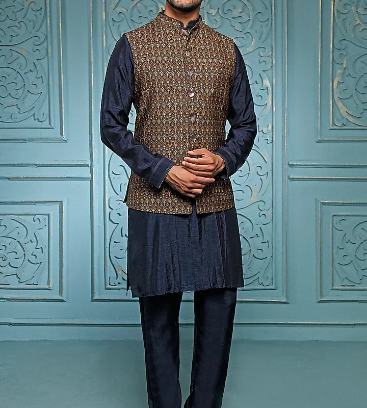 Teal Silk Kurta Set With Bundi Jacket