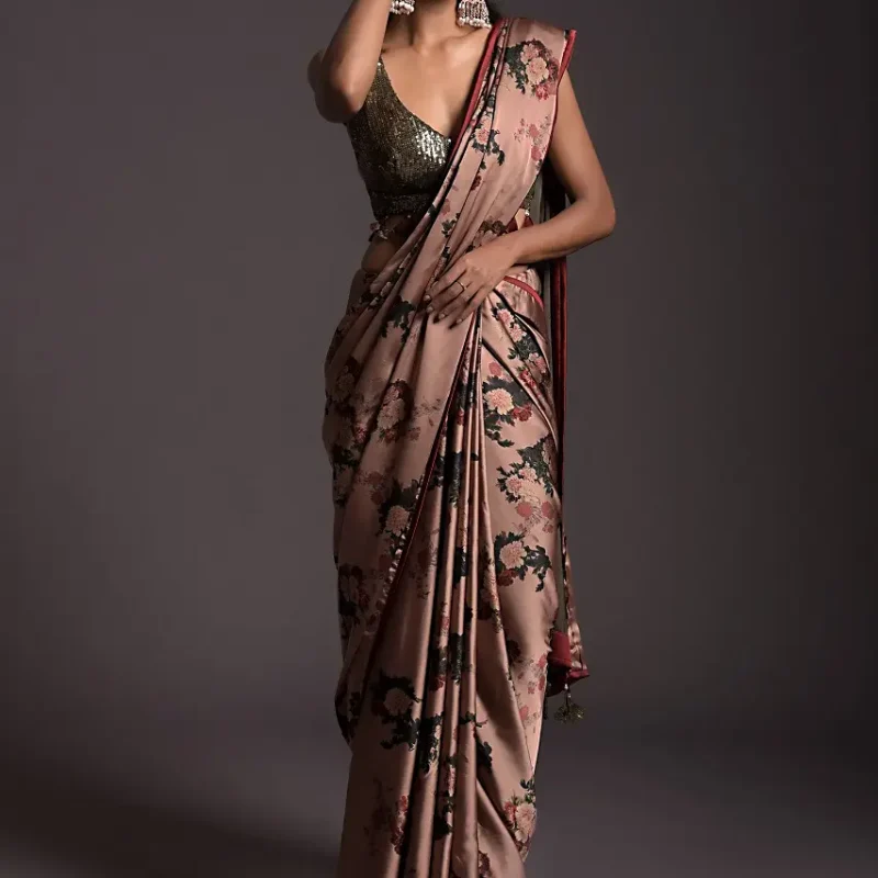 Copper Peach Saree In Satin With Floral Print And Olive Sequins Embellished Crop Top