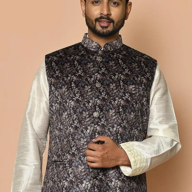 Digital Printed Velvet Nehru Jacket in Grey