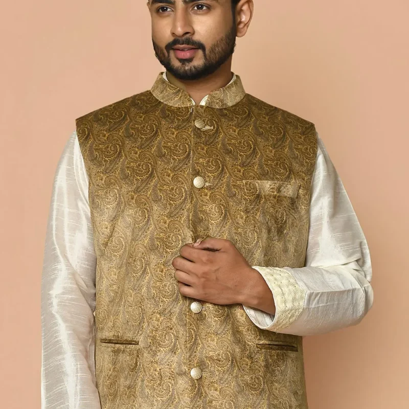 Digital Printed Velvet Nehru Jacket in Mustard