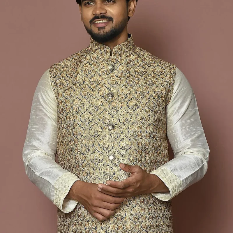 Embroidered Cotton Nehru Jacket in Beige and Blue