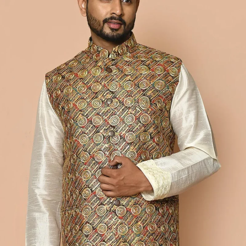 Embroidered Cotton Nehru Jacket in Multicolor