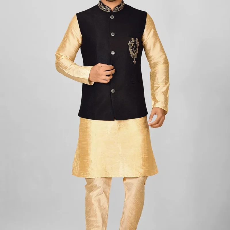 Embroidered Polyester Knitted Nehru Jacket in Black