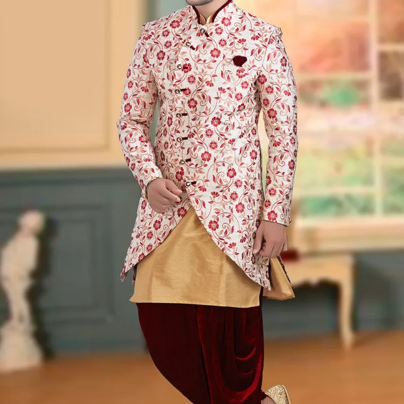 Plain Brocade Jodhpuri Suit in Off White
