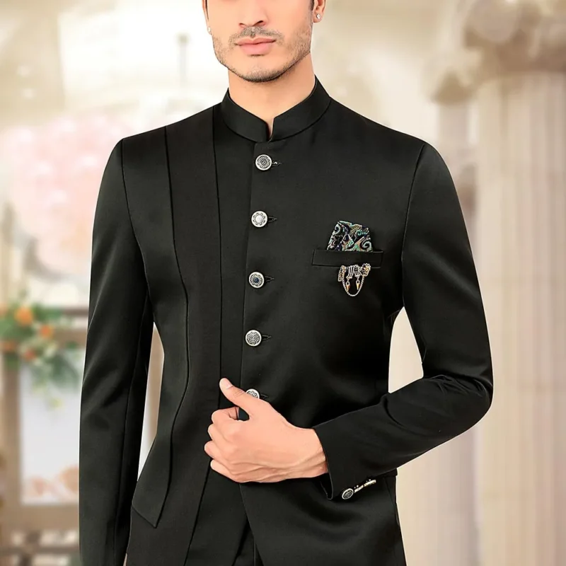 Solid Color Terry Rayon and Satin Jodhpuri Jacket in Black