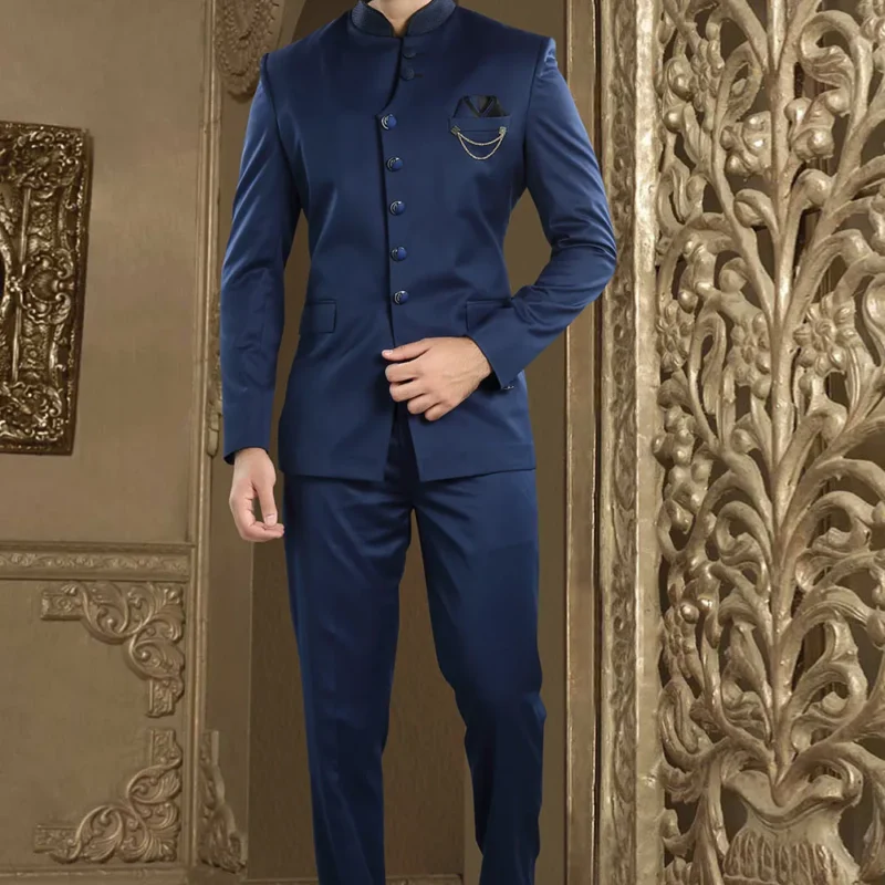 Solid Color Terry Rayon Jodhpuri Suit in Navy Blue