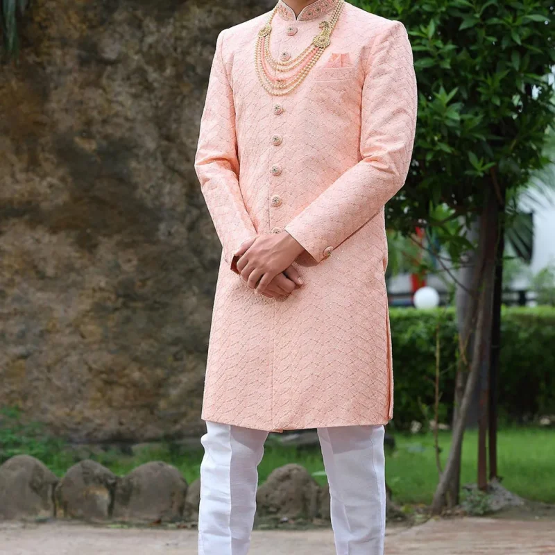 Woven Art Silk Sherwani in Light Peach