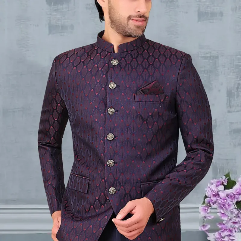 Woven Terry Rayon Jacquard Jodhpuri Jacket in Navy Blue